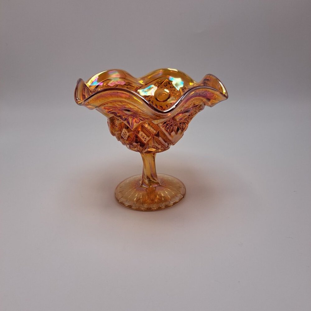 Imperial Glass Co Hobstar Floral Marigold Carnival Glass 4.5" Ruffled Footed Com